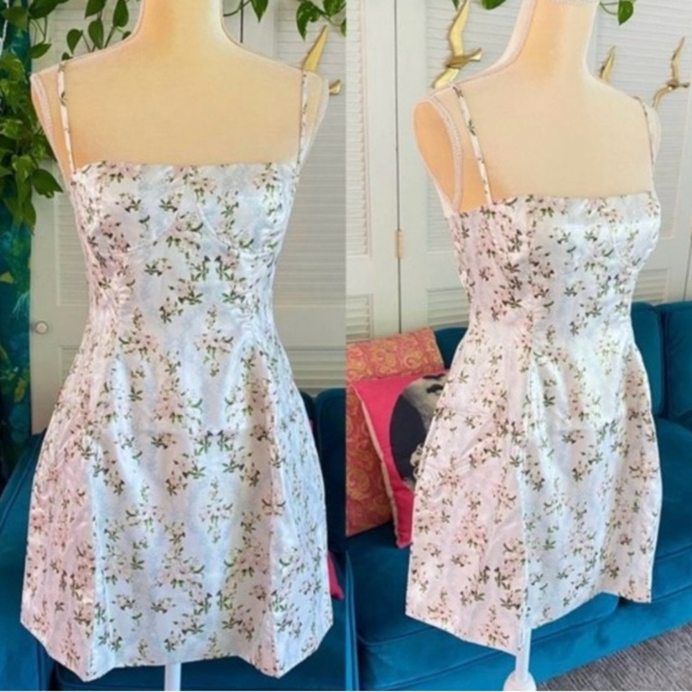 Danielle Bernstein | Floral Print Strappy Dress Satin Seamed Bodice Pockets New